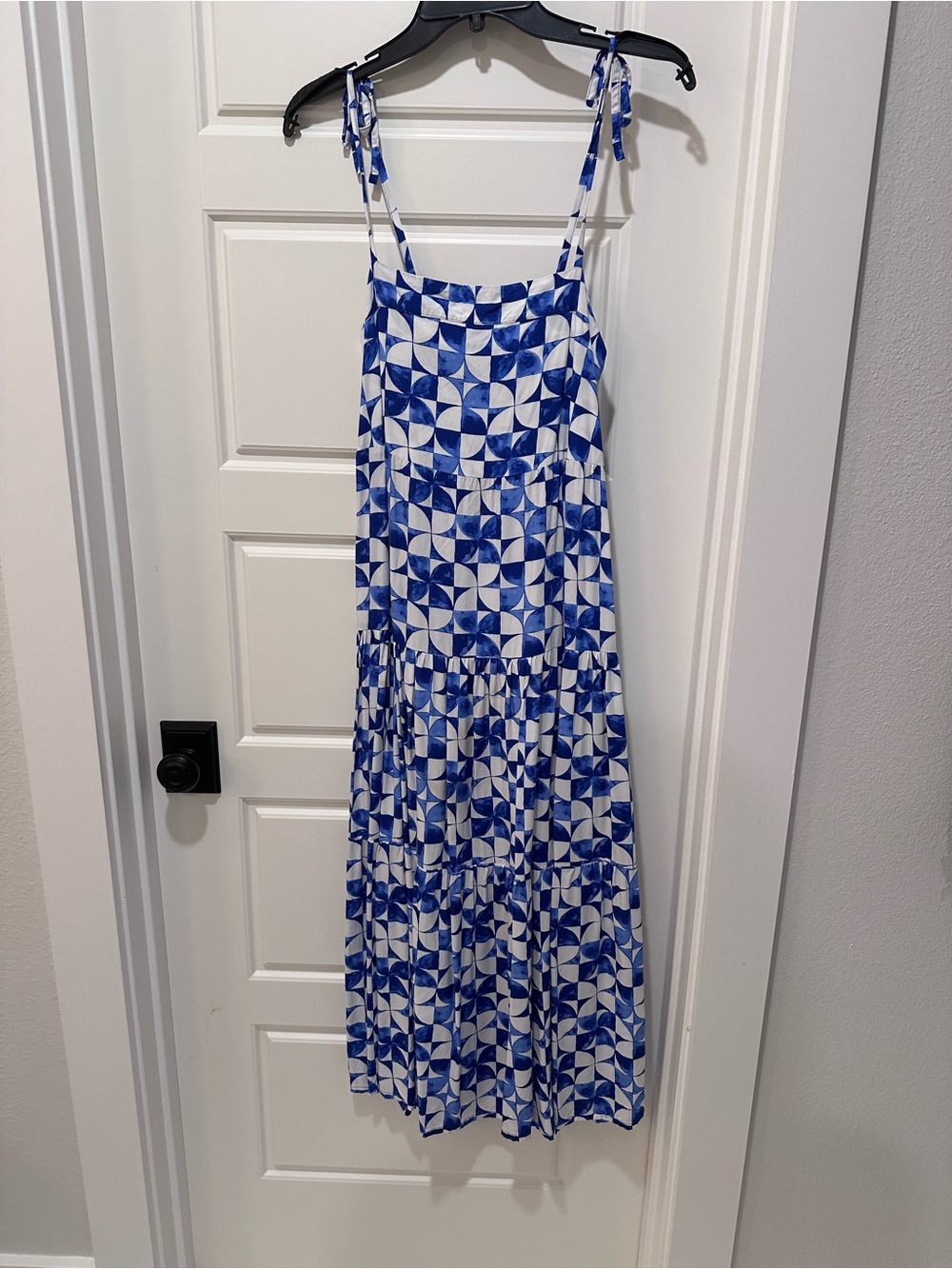 Kenny Flowers Blue & White Geometric Tie-Shoulder Maxi Dress